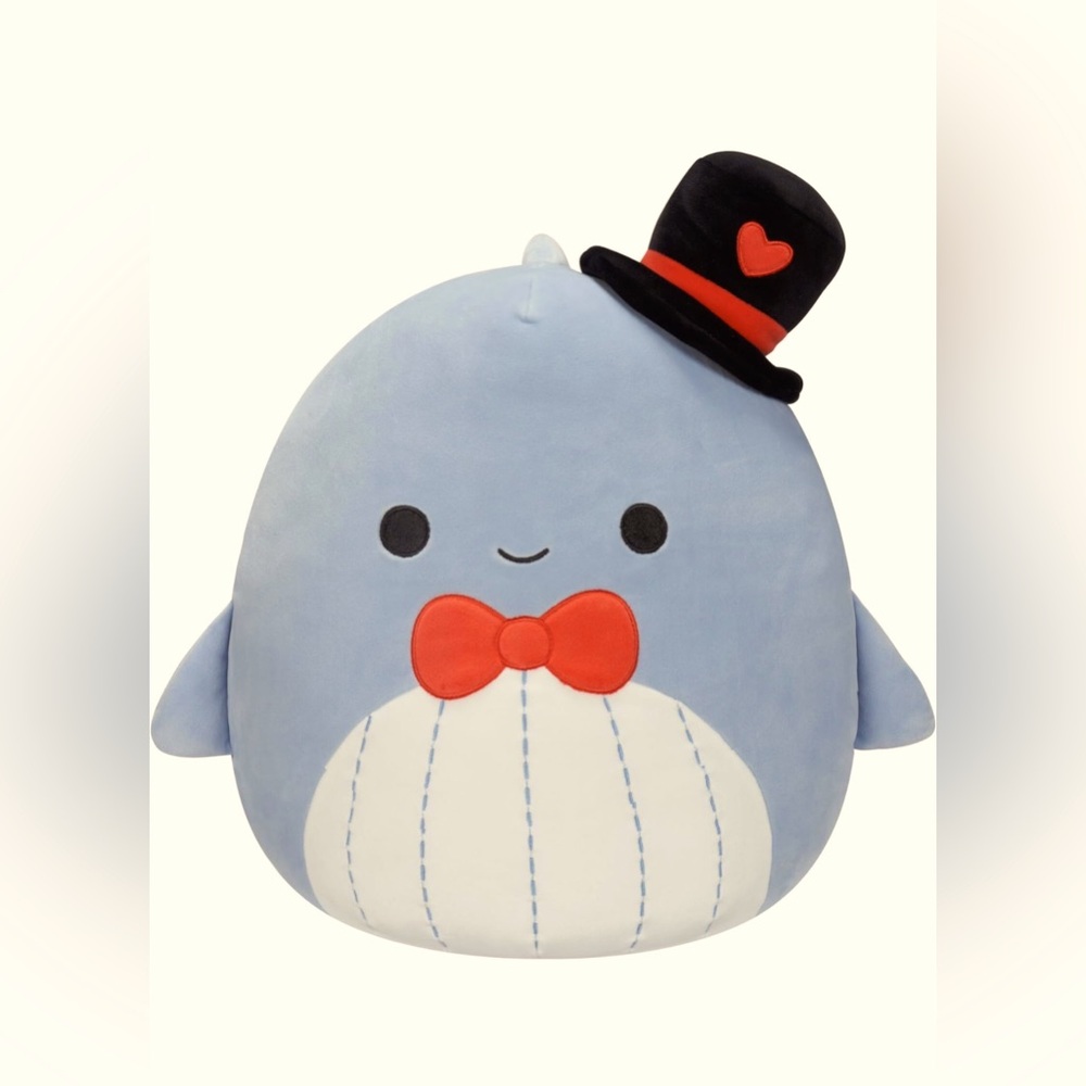 Squishmallows Original 12” Samir Blue Whale with Heart Top Hat and Red Bow Tie
